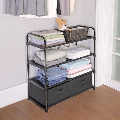 4 Shelf Closet Organizer with 2 Bins, Black, Metal Frame, Adult and Child