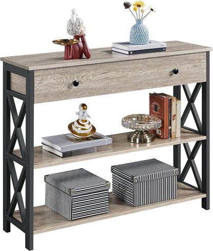 Gray Console Table with Drawer and 3-Tier Storage Shelves, Narrow Metal Frame Entryway and Living Room Sofa Table