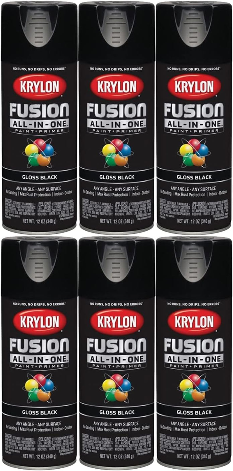 6‐Pack of 12 Oz K02702007 Black Fusion All‐In‐One Paint & Primer Spray Paint, Gloss